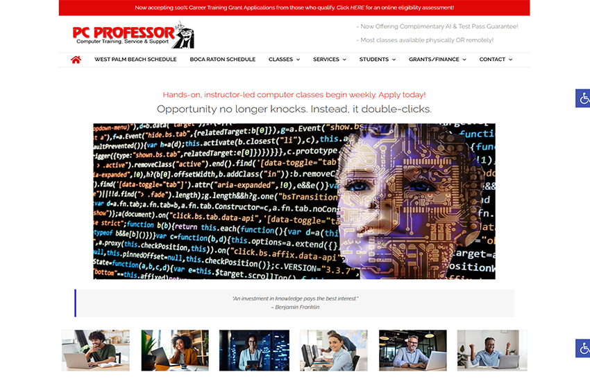 PC Professor Computer Training - live homepage with hands-on instructor-led classes and dual-campus schedule