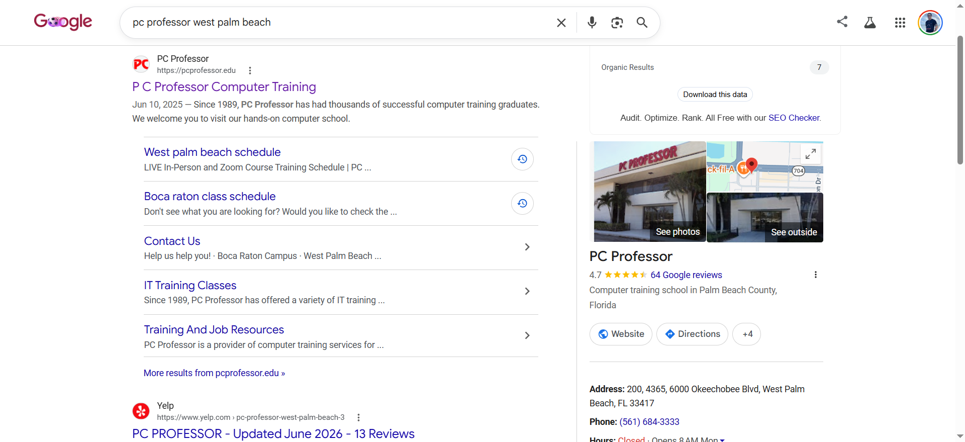 Google search results for 'pc professor west palm beach' showing pcprofessor.edu ranking #1 with full sitelinks and Google Business Profile (4.7 stars, 64 reviews)