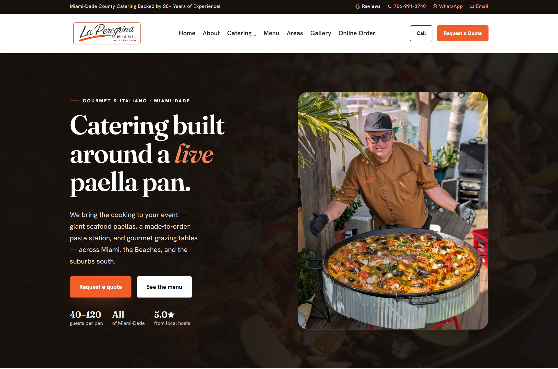 La Peregrina Miami Catering live paella pan and pasta station hero — event catering across Miami-Dade