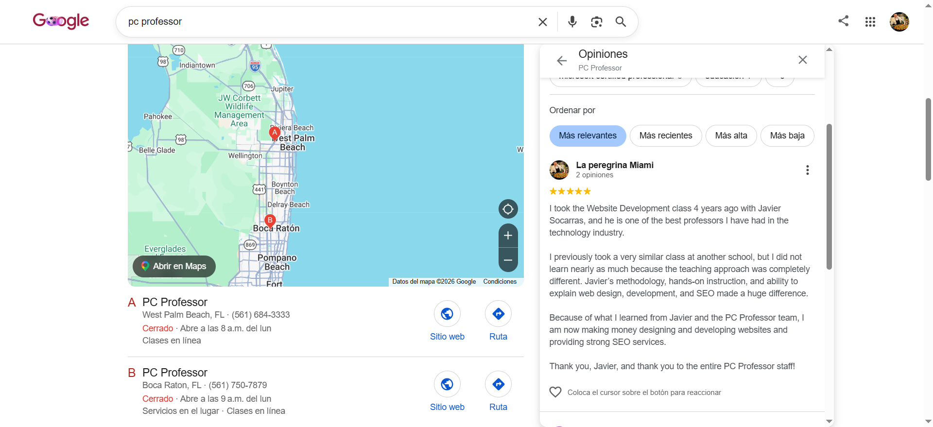 5-star Google review from La Peregrina Miami about PC Professor West Palm Beach and instructor Javier Socarras