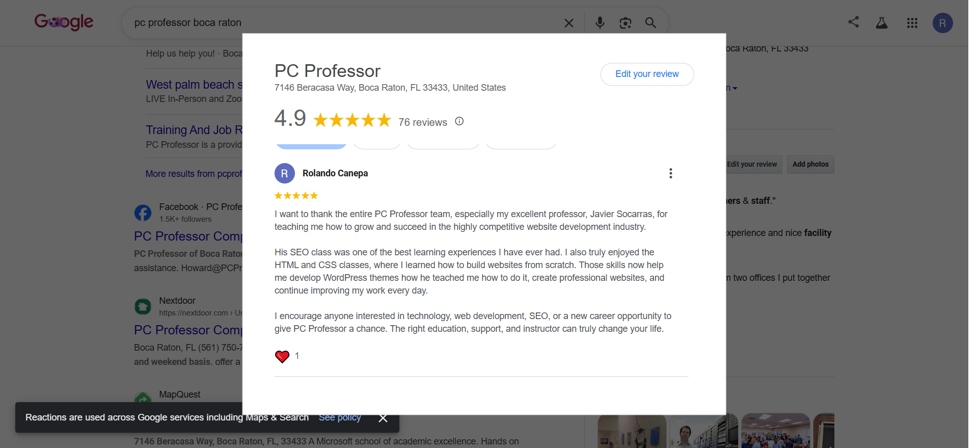 5-star Google review from Rolando Canepa about PC Professor Boca Raton and instructor Javier Socarras
