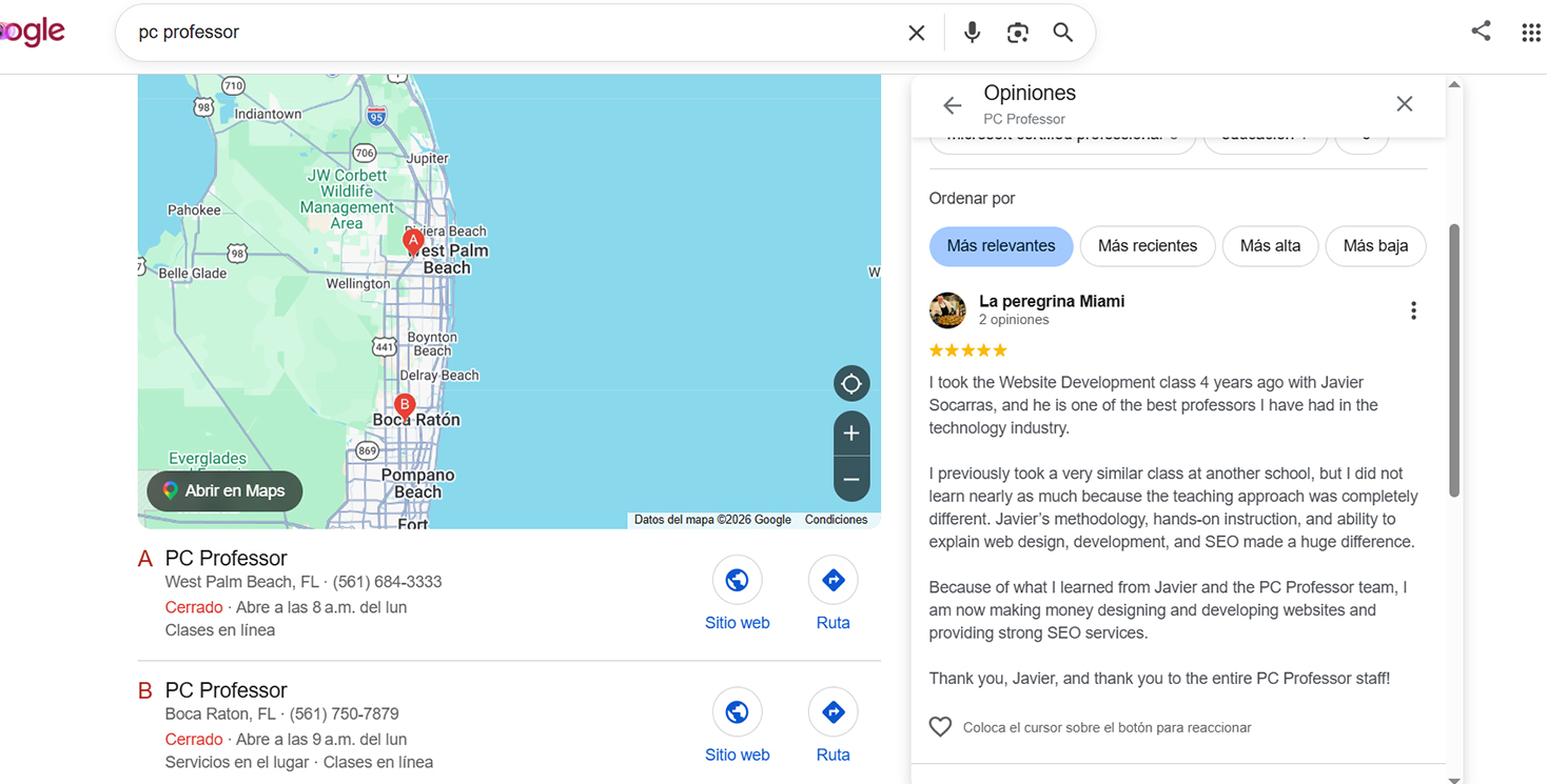Google Maps showing PC Professor's two Palm Beach County campuses - West Palm Beach and Boca Raton